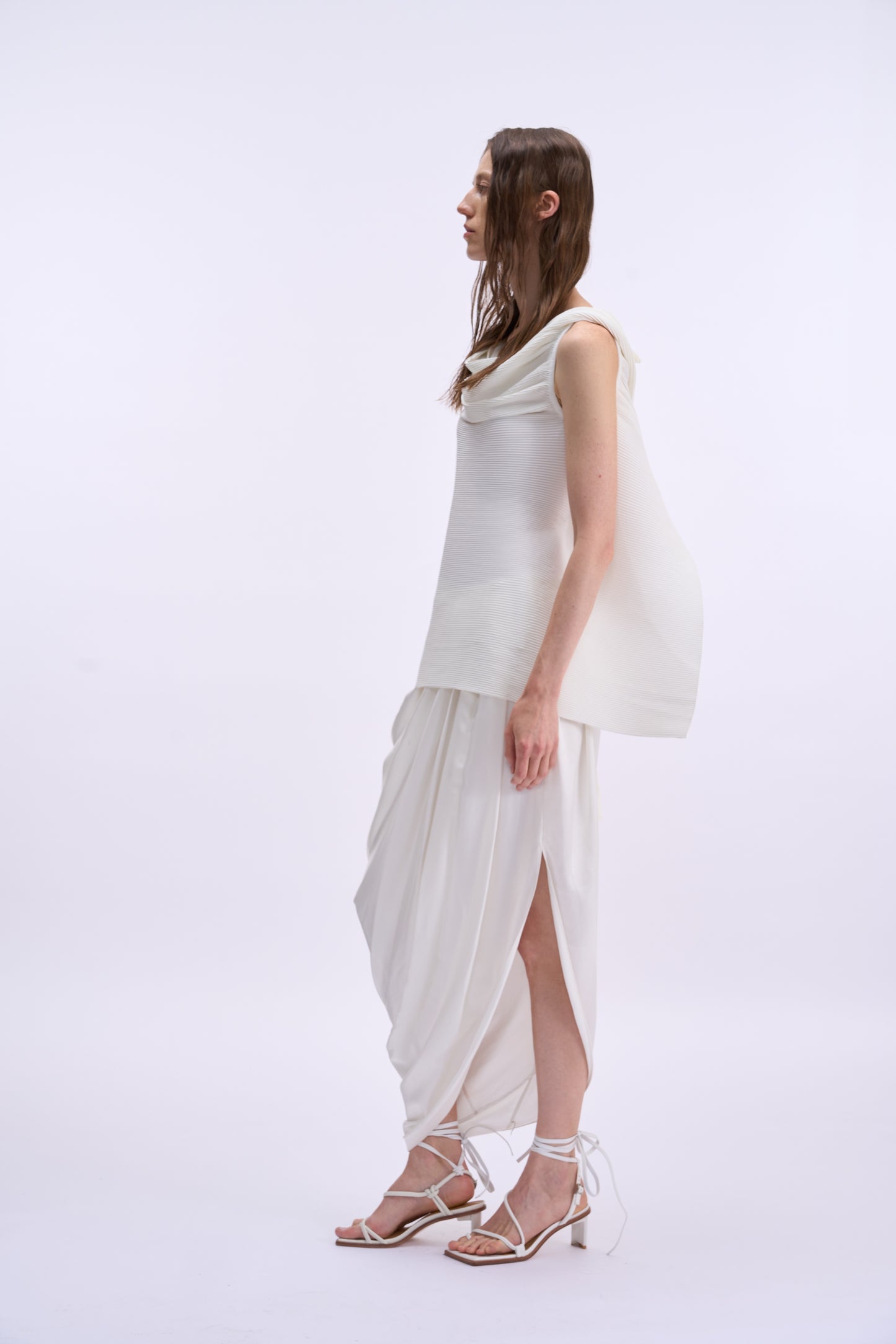 MAYALI White satin deconstructed pleated skirt