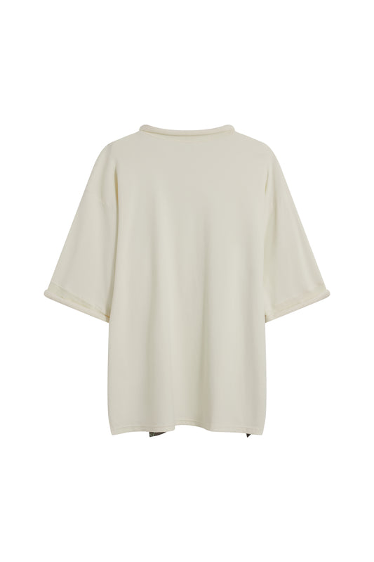 MAYALI Curled round neck spliced printed silk scarf T-shirt