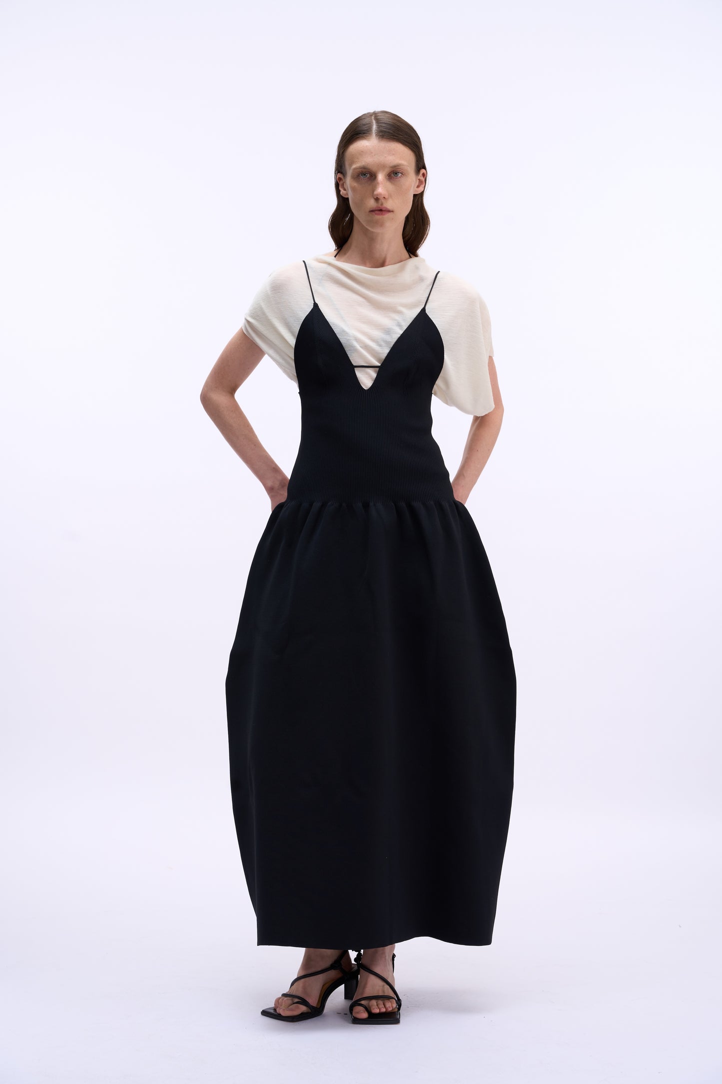 MAYALI Geometric clollect-waist bud slip long&short dress