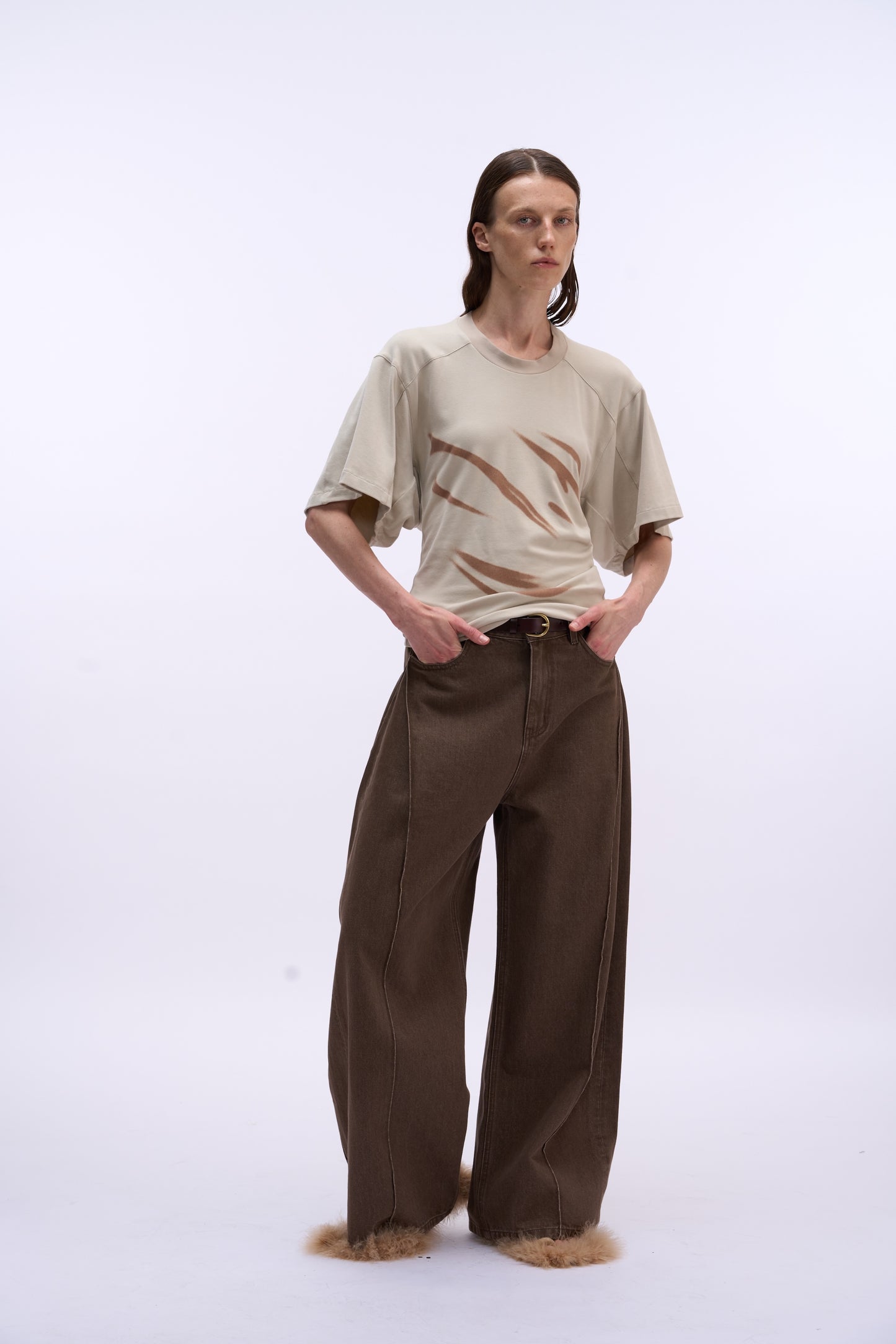 MAYALI Geometric waist collection velvet short sleeved T-shirt
