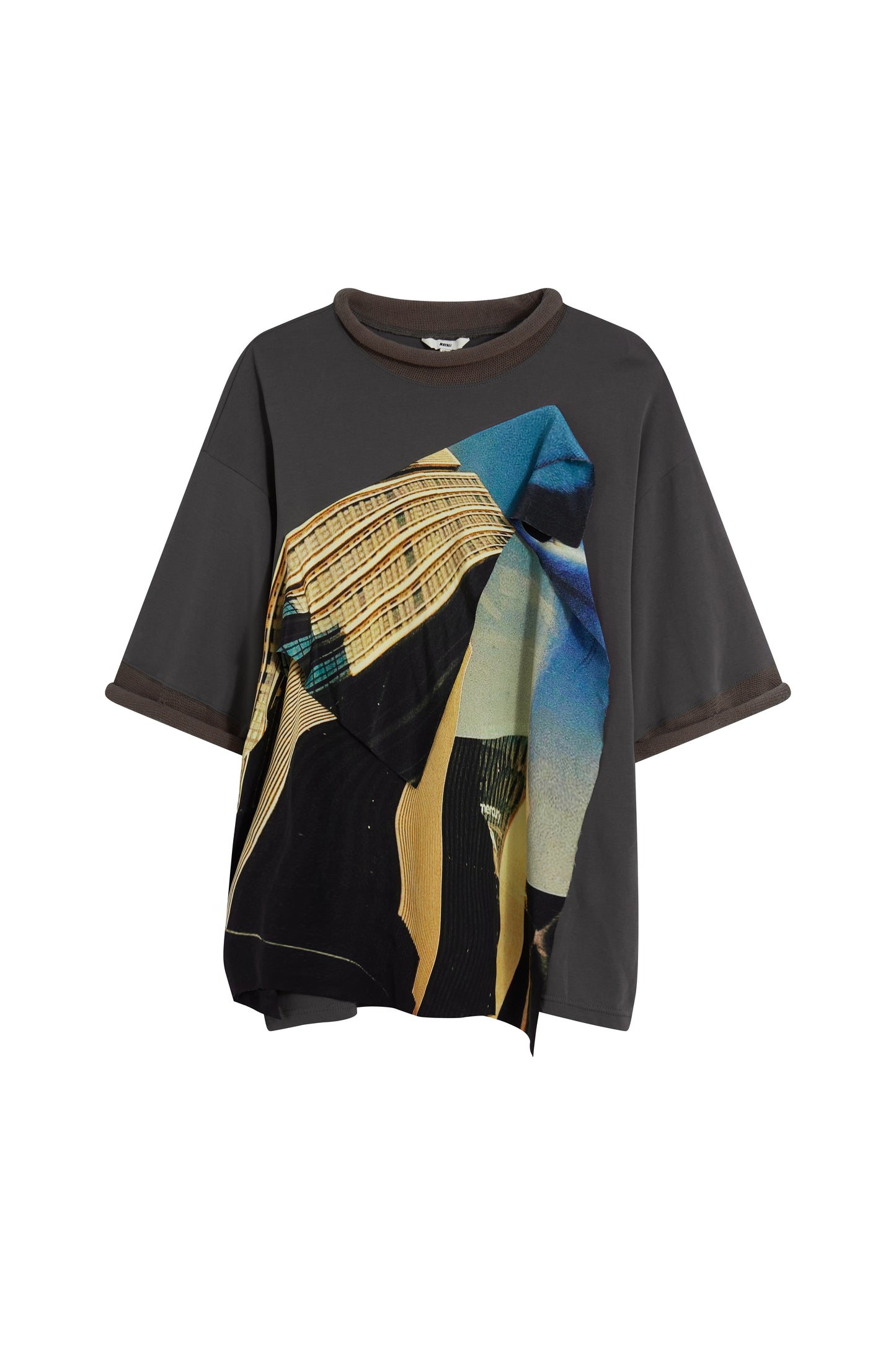 MAYALI Curled round neck spliced printed silk scarf T-shirt