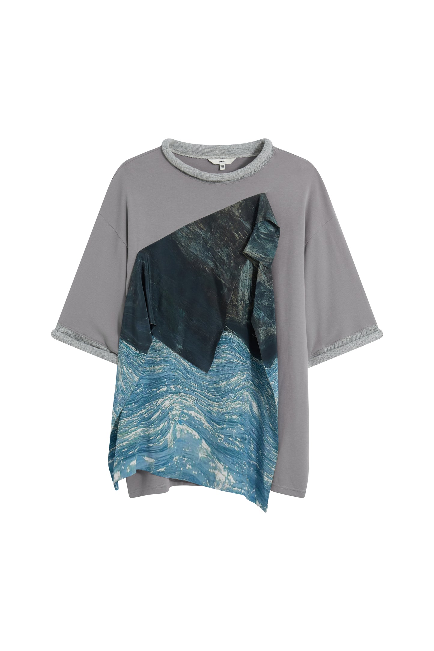 MAYALI Curled round neck spliced printed silk scarf T-shirt