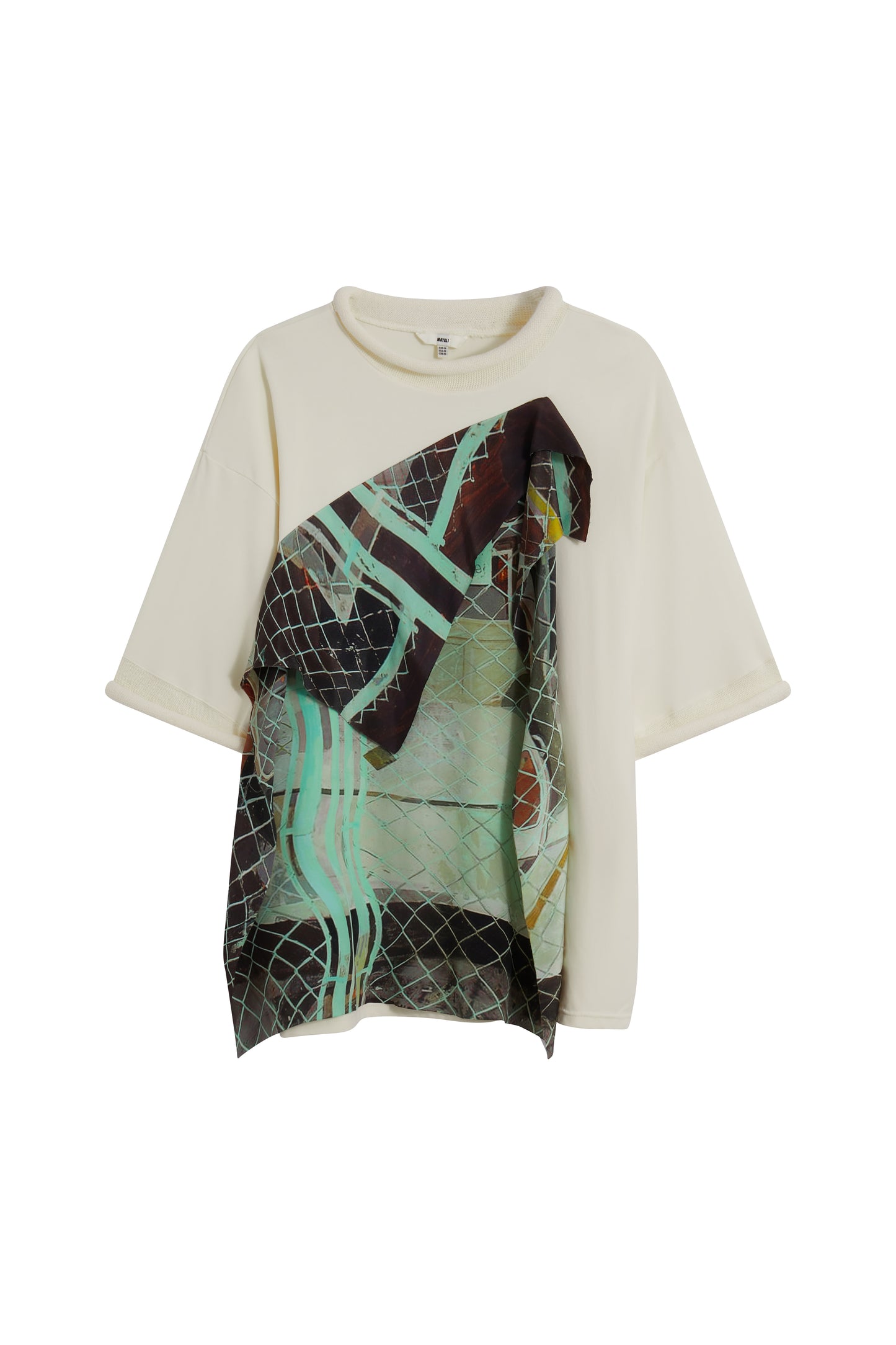 MAYALI Curled round neck spliced printed silk scarf T-shirt